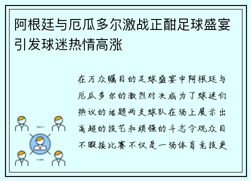阿根廷与厄瓜多尔激战正酣足球盛宴引发球迷热情高涨