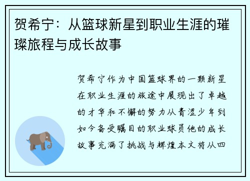 贺希宁：从篮球新星到职业生涯的璀璨旅程与成长故事
